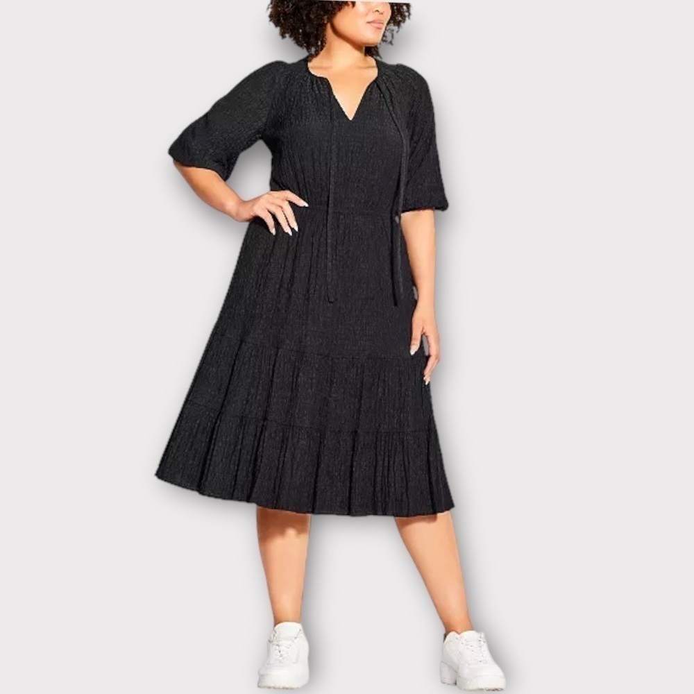 City Chic Darling Puff Sleeve Midi Dress Black Nwt